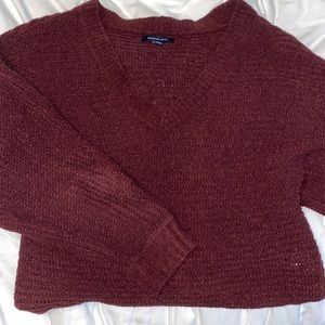 American Eagle Maroon Knit V-neck Sweater